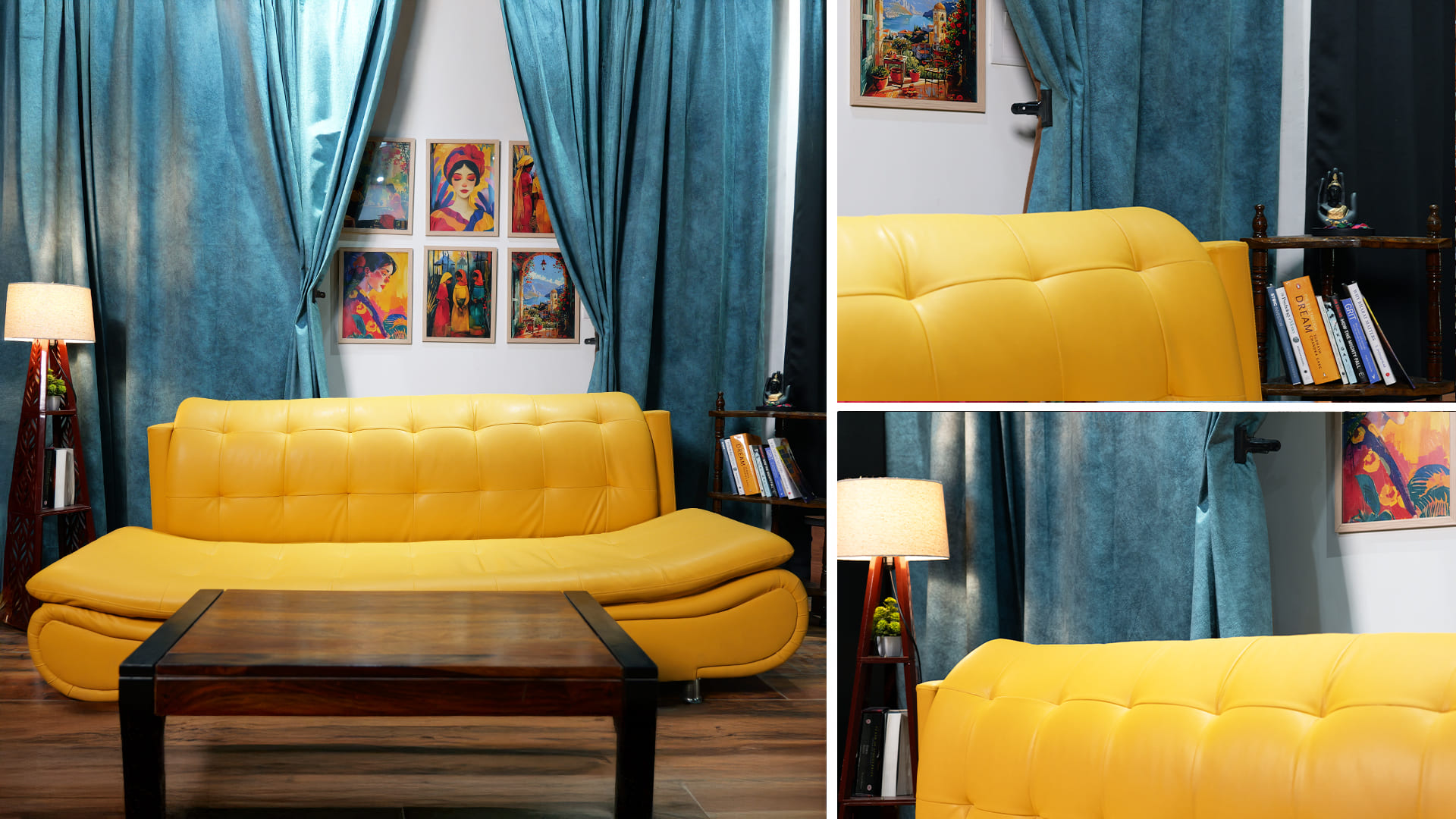 Yellow Sofa & Art Wall set for storytelling podcast